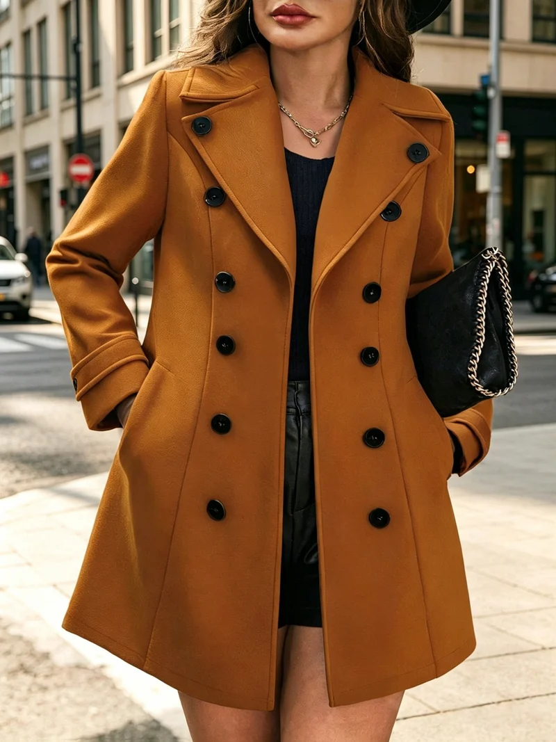 Damen Eleganter taillierter Trenchcoat mit Doppelreihe und Reverskragen Nord Taschen