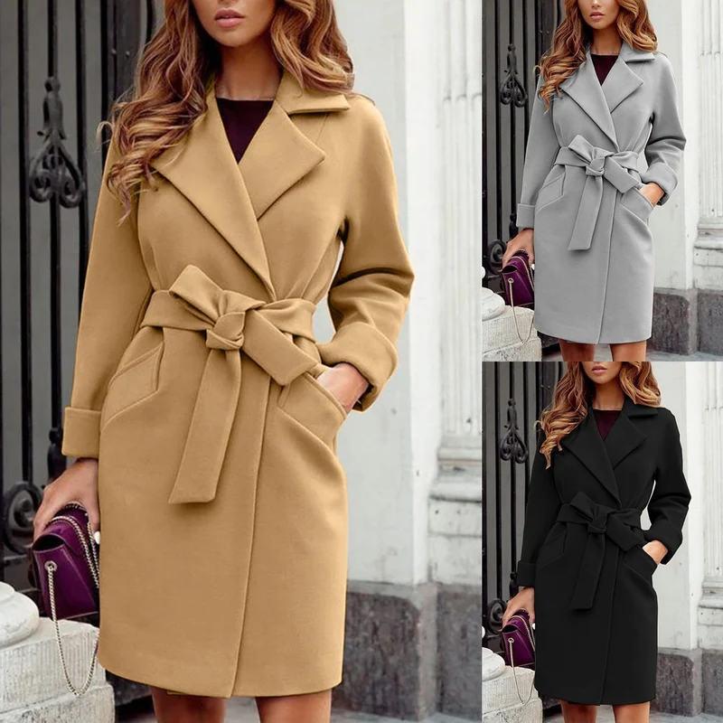 Damen Eleganter knielanger Mantel aus Wollmix mit breitem Revers und Bindegürtel Nord Taschen
