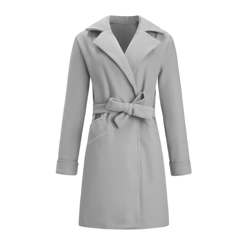 Damen Eleganter knielanger Mantel aus Wollmix mit breitem Revers und Bindegürtel Nord Taschen