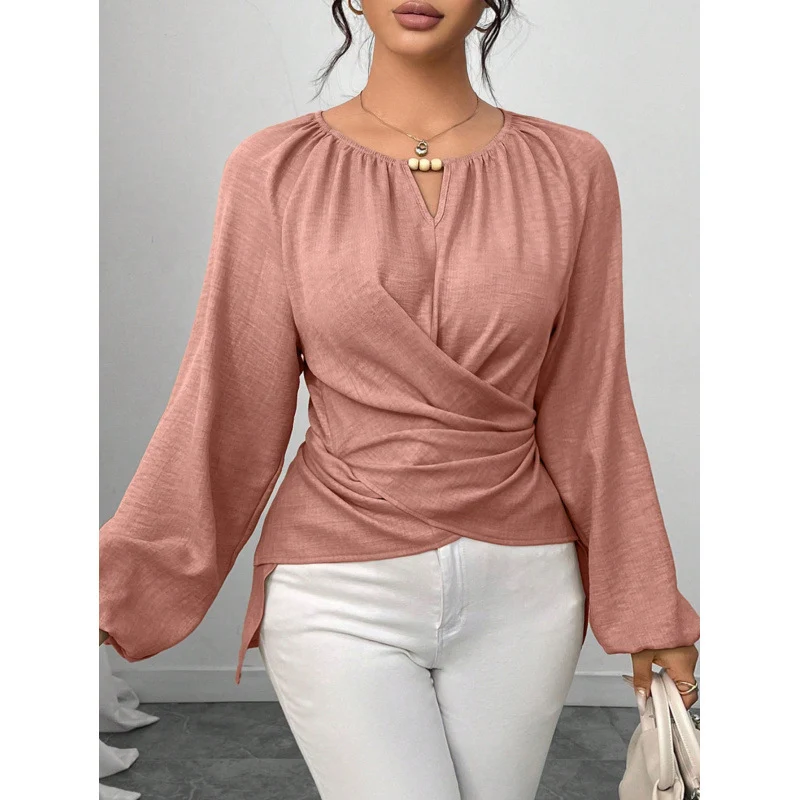 Damen Elegante Wickelbluse mit geraffter Taille, V-Ausschnitt und Ballonärmeln Nord Taschen