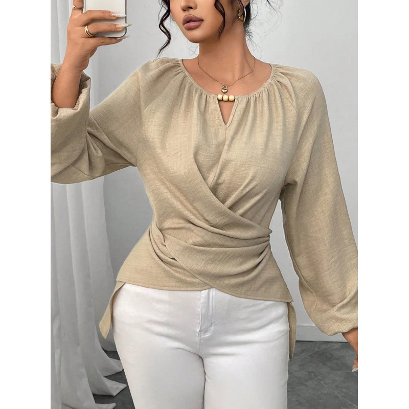Damen Elegante Wickelbluse mit geraffter Taille, V-Ausschnitt und Ballonärmeln Nord Taschen