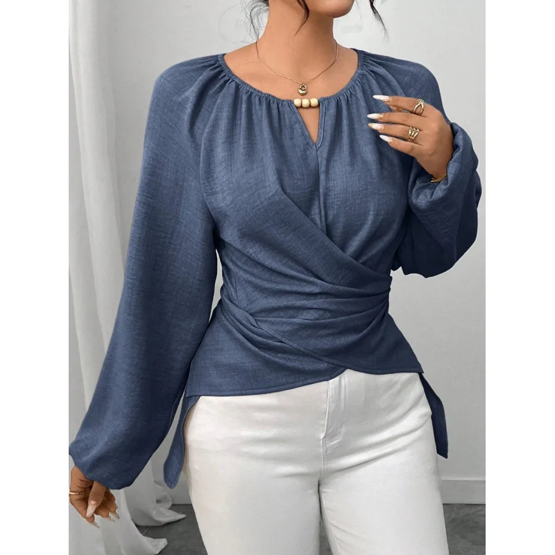Damen Elegante Wickelbluse mit geraffter Taille, V-Ausschnitt und Ballonärmeln Nord Taschen