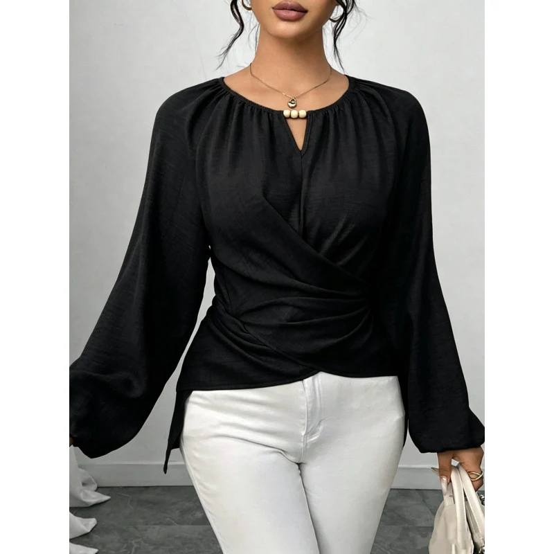 Damen Elegante Wickelbluse mit geraffter Taille, V-Ausschnitt und Ballonärmeln Nord Taschen