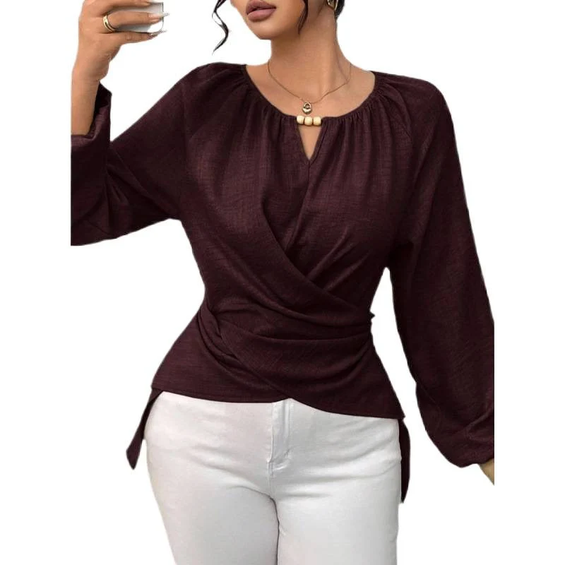 Damen Elegante Wickelbluse mit geraffter Taille, V-Ausschnitt und Ballonärmeln Nord Taschen
