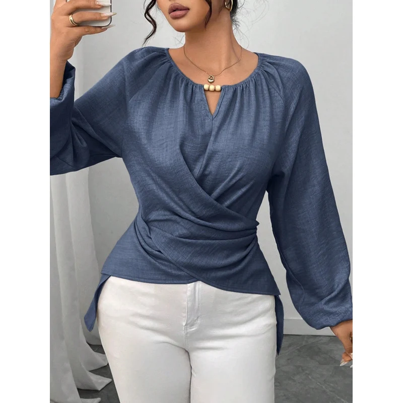 Damen Elegante Wickelbluse mit geraffter Taille, V-Ausschnitt und Ballonärmeln Nord Taschen
