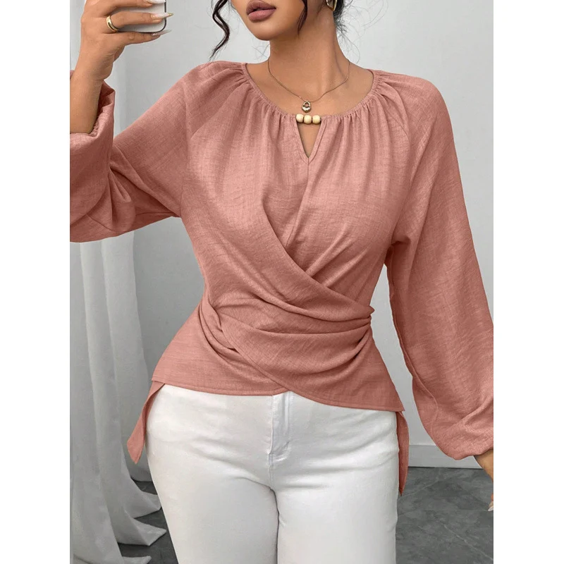 Damen Elegante Wickelbluse mit geraffter Taille, V-Ausschnitt und Ballonärmeln Nord Taschen