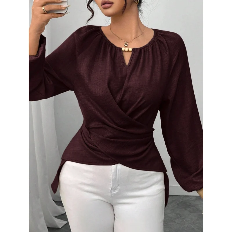 Damen Elegante Wickelbluse mit geraffter Taille, V-Ausschnitt und Ballonärmeln Nord Taschen