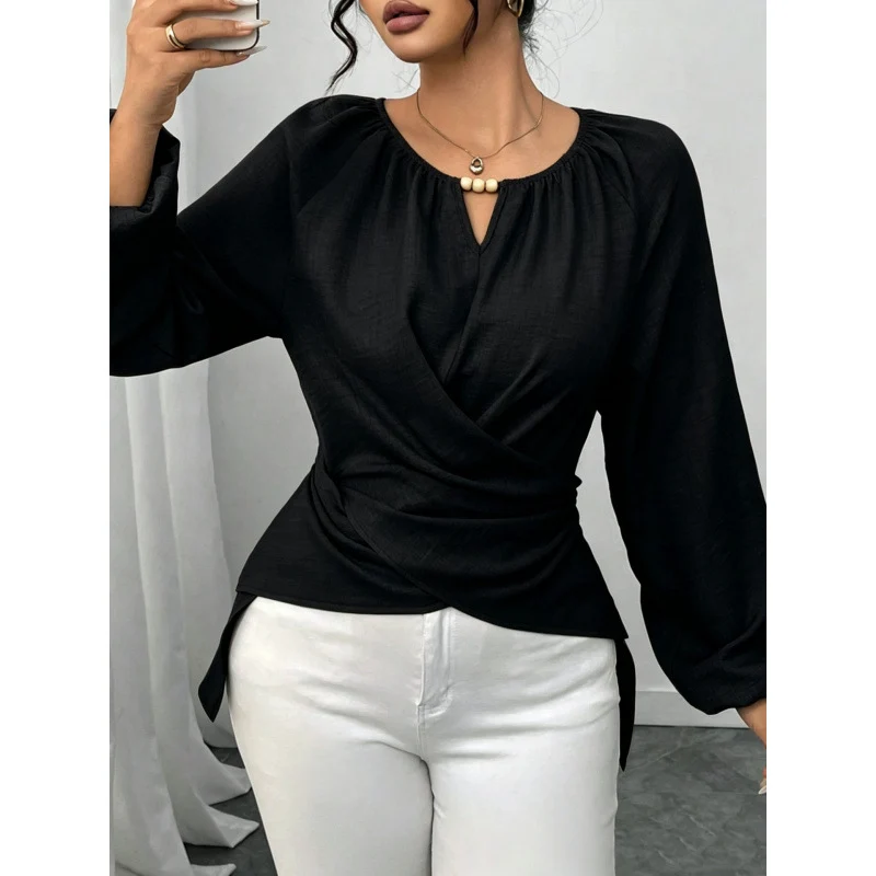 Damen Elegante Wickelbluse mit geraffter Taille, V-Ausschnitt und Ballonärmeln Nord Taschen
