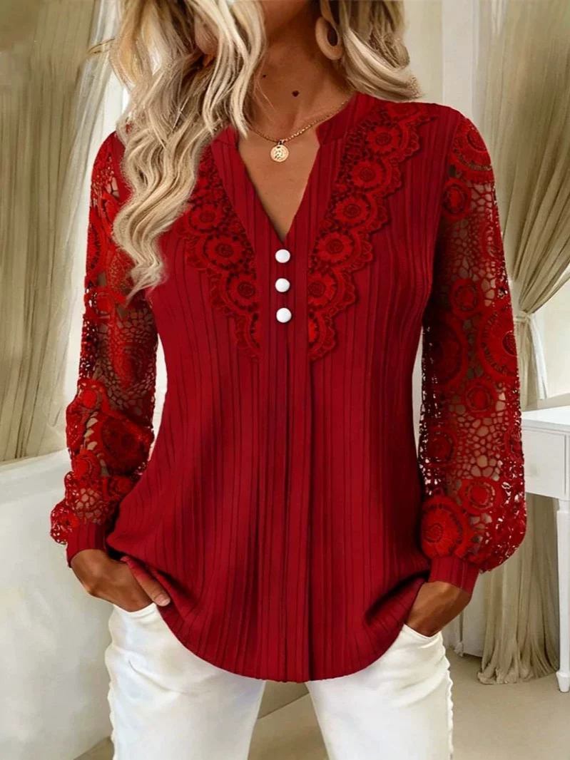Damen Elegante Plissée-Bluse mit Spitzenärmeln und V-Ausschnitt Nord Taschen