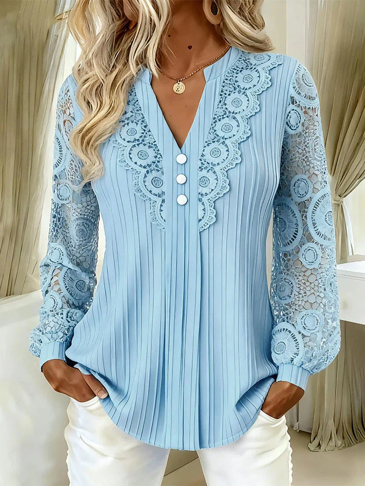Damen Elegante Plissée-Bluse mit Spitzenärmeln und V-Ausschnitt Nord Taschen