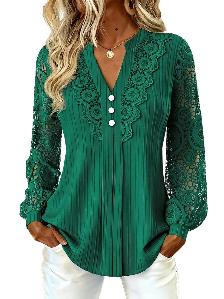 Damen Elegante Plissée-Bluse mit Spitzenärmeln und V-Ausschnitt Nord Taschen