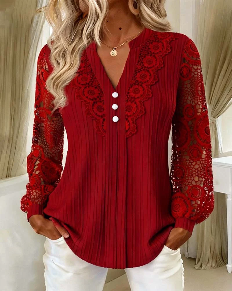 Damen Elegante Plissée-Bluse mit Spitzenärmeln und V-Ausschnitt Nord Taschen
