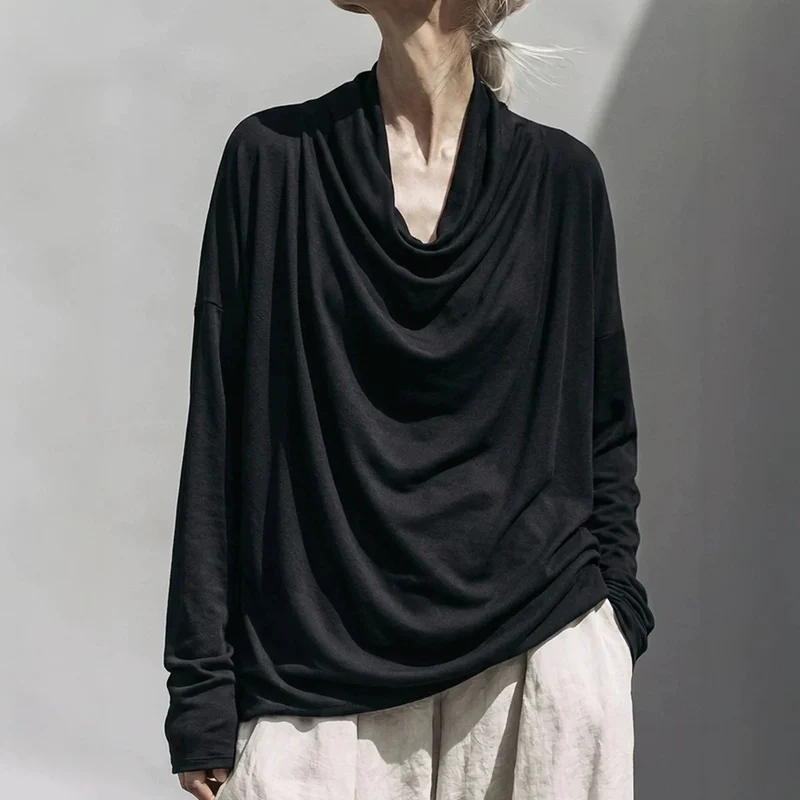 Damen Drapiertes Oversize-Langarmshirt mit Wasserfallkragen Nord Taschen
