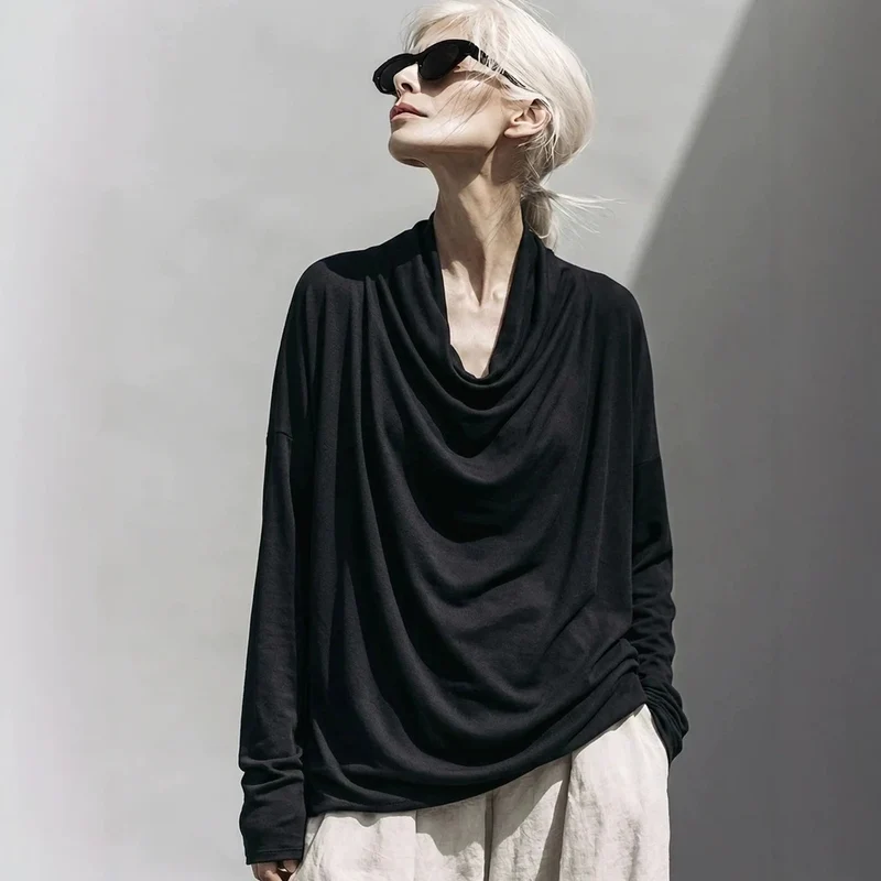 Damen Drapiertes Oversize-Langarmshirt mit Wasserfallkragen Nord Taschen