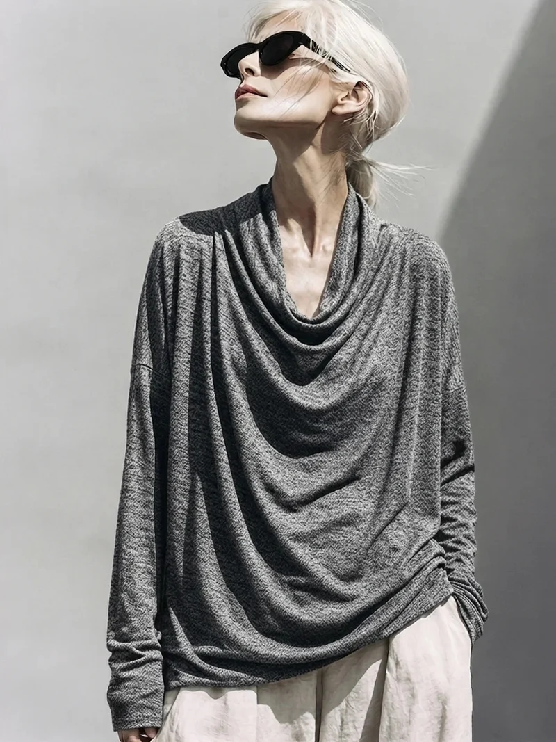 Damen Drapiertes Oversize-Langarmshirt mit Wasserfallkragen Nord Taschen