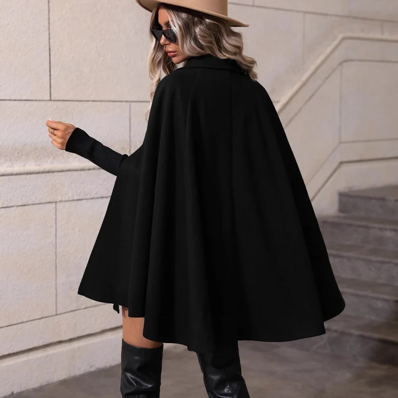 Damen Doppelreihiger Wollcape-Mantel mit Armöffnungen und Stehkragen Nord Taschen