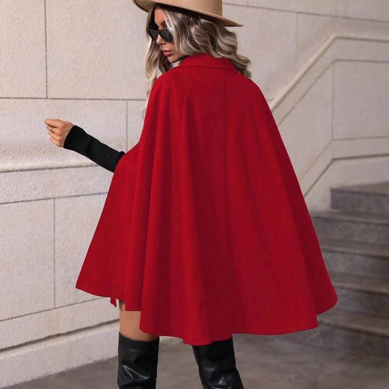 Damen Doppelreihiger Wollcape-Mantel mit Armöffnungen und Stehkragen Nord Taschen