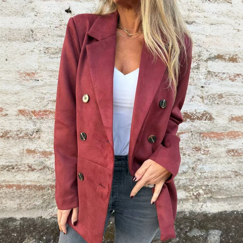 Damen Doppelreihiger Mantel im Velourslook mit Reverskragen Nord Taschen