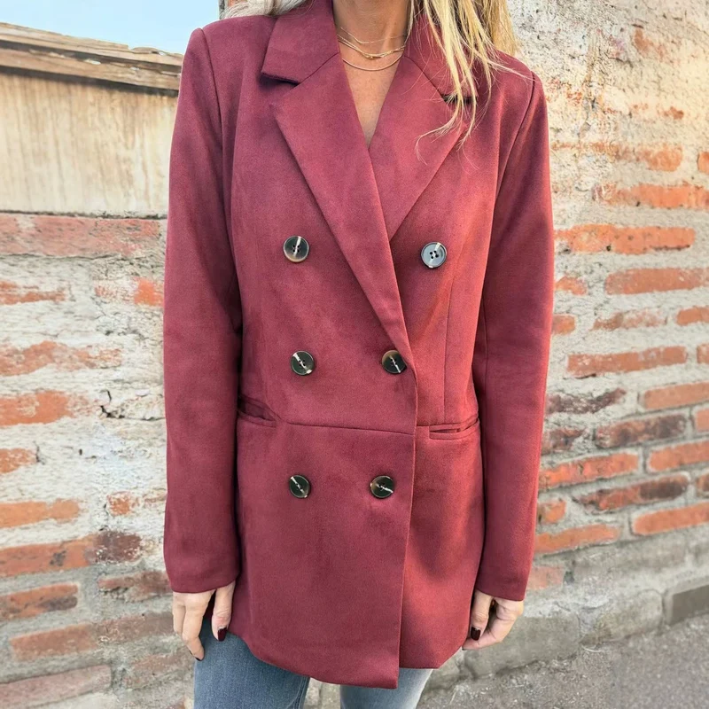 Damen Doppelreihiger Mantel im Velourslook mit Reverskragen Nord Taschen