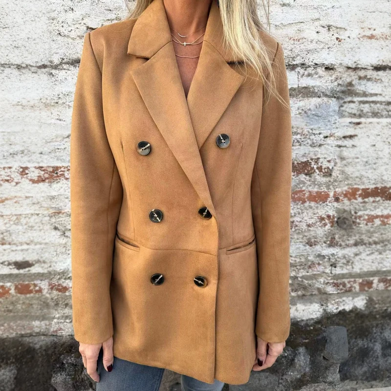 Damen Doppelreihiger Mantel im Velourslook mit Reverskragen Nord Taschen