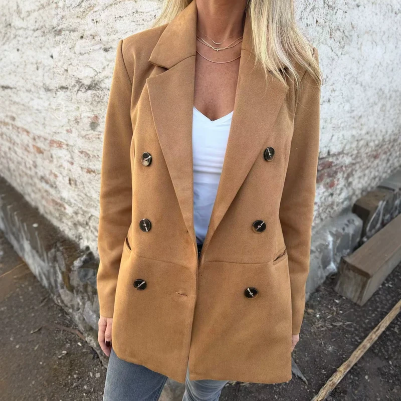 Damen Doppelreihiger Mantel im Velourslook mit Reverskragen Nord Taschen