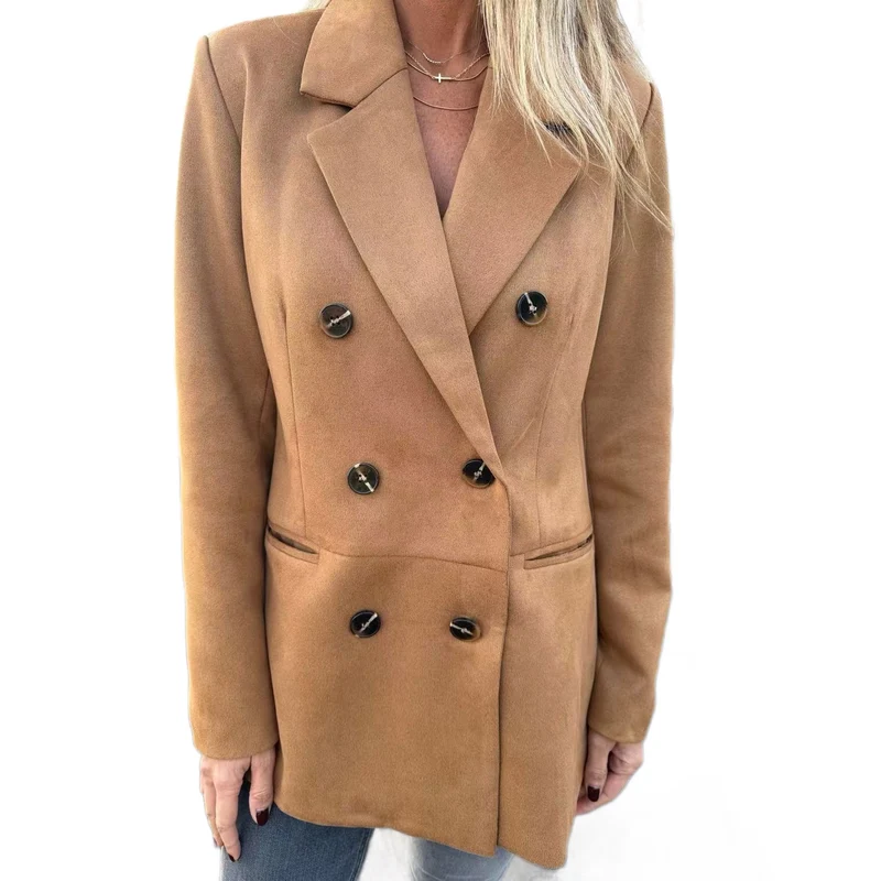Damen Doppelreihiger Mantel im Velourslook mit Reverskragen Nord Taschen