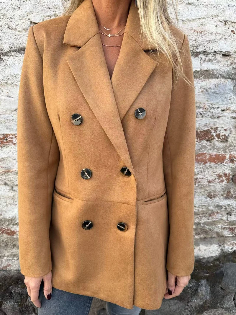 Damen Doppelreihiger Mantel im Velourslook mit Reverskragen Nord Taschen