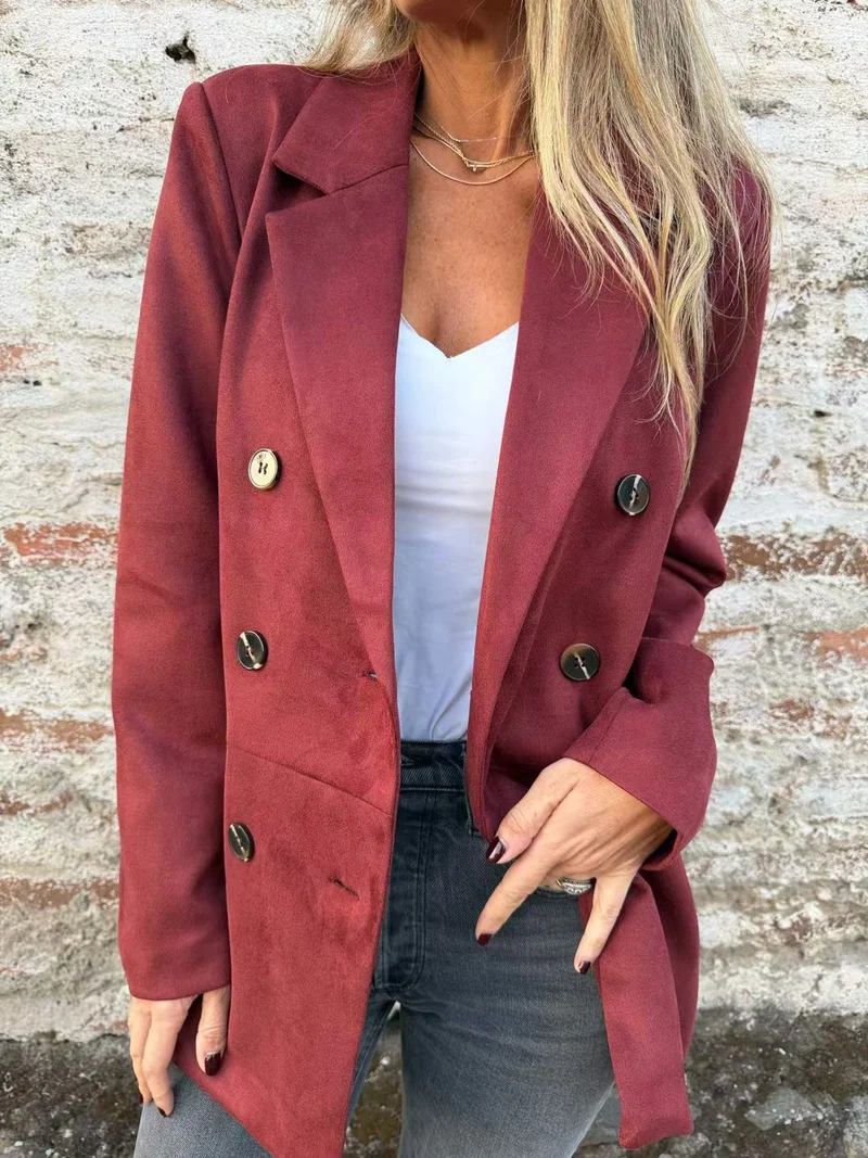Damen Doppelreihiger Mantel im Velourslook mit Reverskragen Nord Taschen