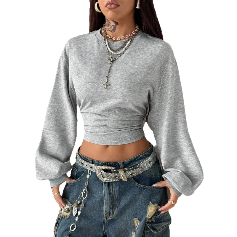 Damen Cropped Sweatshirt mit Taillenraffung und weiten Raglanärmeln Nord Taschen