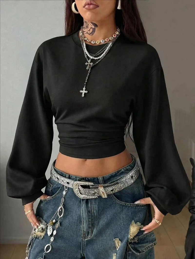 Damen Cropped Sweatshirt mit Taillenraffung und weiten Raglanärmeln Nord Taschen