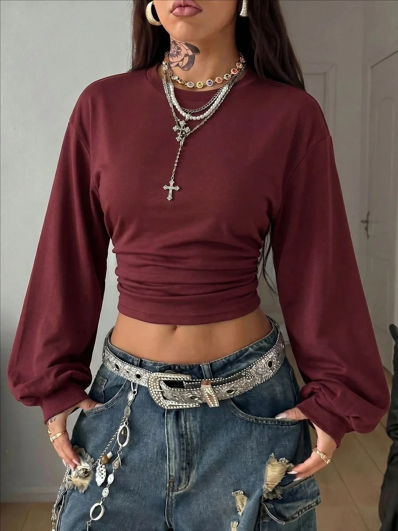 Damen Cropped Sweatshirt mit Taillenraffung und weiten Raglanärmeln Nord Taschen