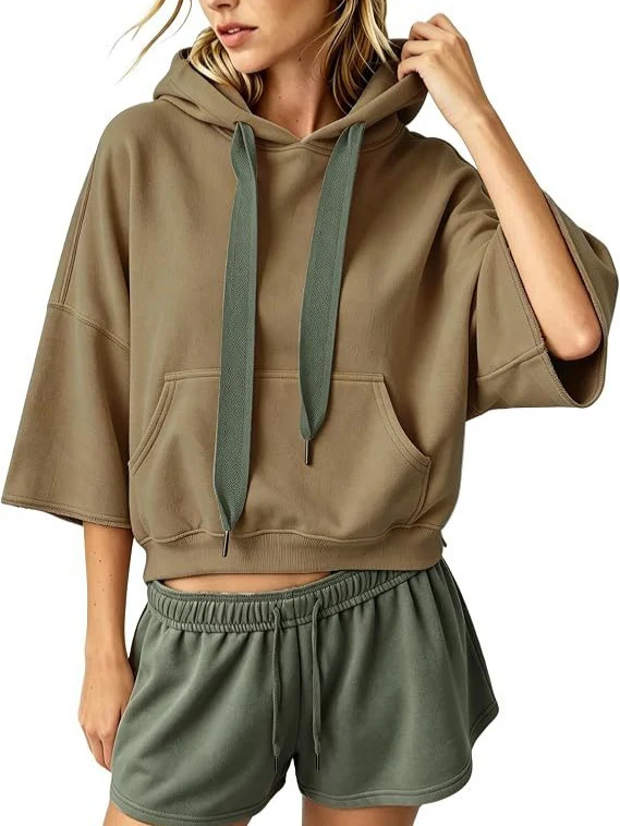 Damen Cropped Kapuzenpullover mit 3/4-Ärmeln und Kängurutasche Nord Taschen
