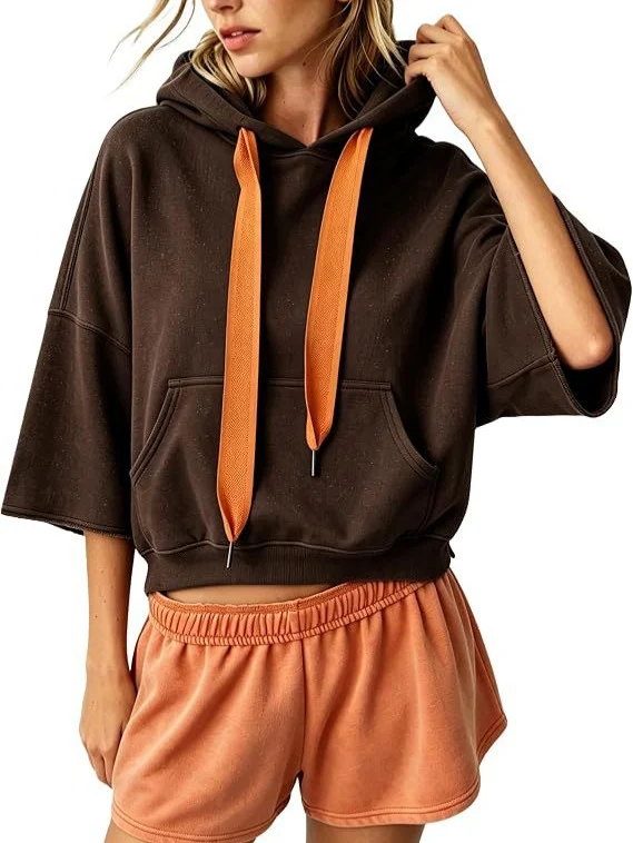 Damen Cropped Kapuzenpullover mit 3/4-Ärmeln und Kängurutasche Nord Taschen
