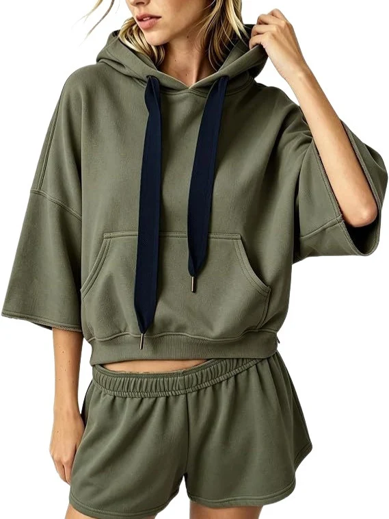 Damen Cropped Kapuzenpullover mit 3/4-Ärmeln und Kängurutasche Nord Taschen