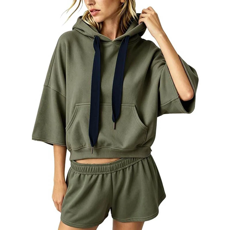 Damen Cropped Kapuzenpullover mit 3/4-Ärmeln und Kängurutasche Nord Taschen