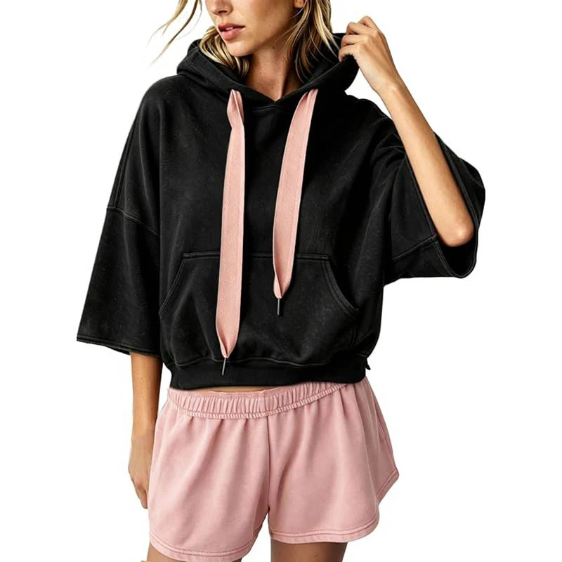 Damen Cropped Kapuzenpullover mit 3/4-Ärmeln und Kängurutasche Nord Taschen
