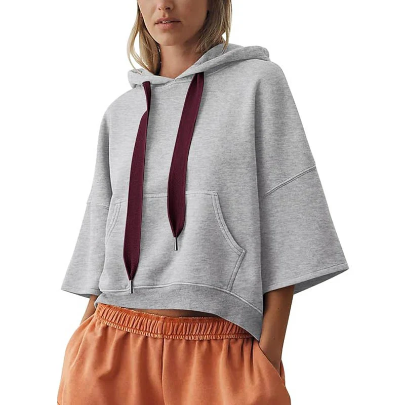 Damen Cropped Kapuzenpullover mit 3/4-Ärmeln und Kängurutasche Nord Taschen