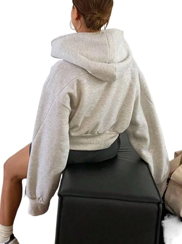 Damen Cropped Kapuzenjacke mit durchgehendem Reißverschluss und voluminösen Raglanärmeln Nord Taschen