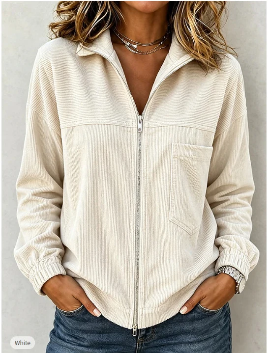 Damen Cordjacke mit Reißverschluss, Stehkragen und aufgesetzter Brusttasche Nord Taschen