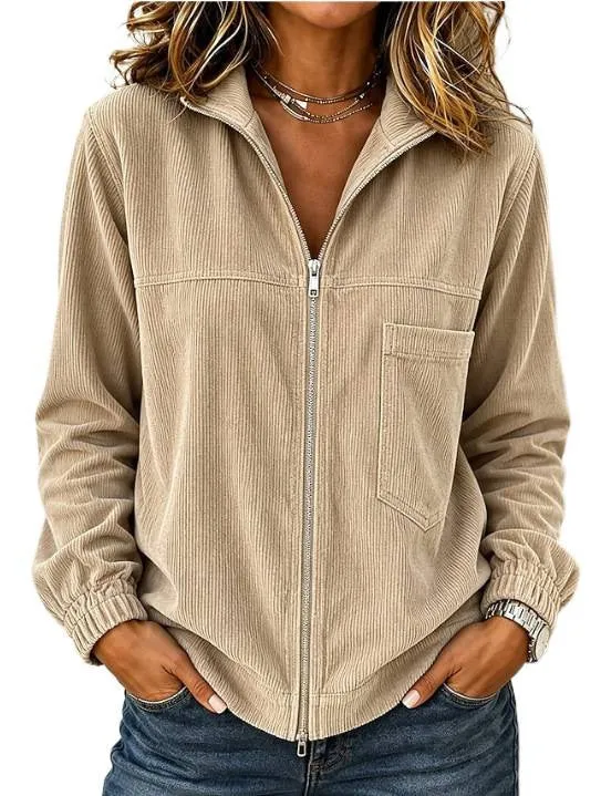Damen Cordjacke mit Reißverschluss, Stehkragen und aufgesetzter Brusttasche Nord Taschen