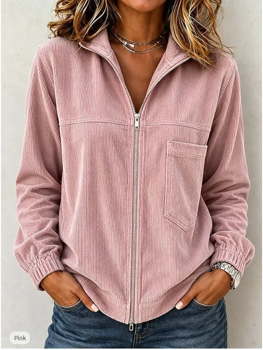 Damen Cordjacke mit Reißverschluss, Stehkragen und aufgesetzter Brusttasche Nord Taschen