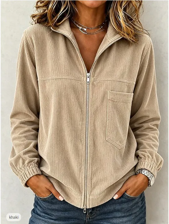 Damen Cordjacke mit Reißverschluss, Stehkragen und aufgesetzter Brusttasche Nord Taschen