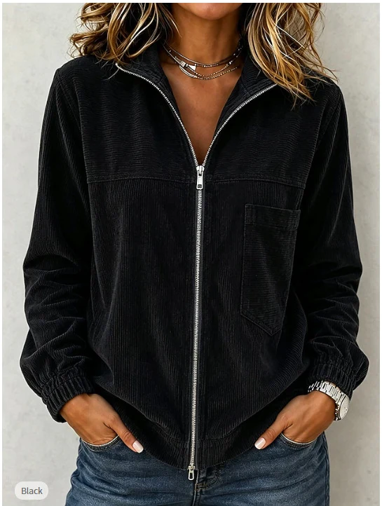 Damen Cordjacke mit Reißverschluss, Stehkragen und aufgesetzter Brusttasche Nord Taschen