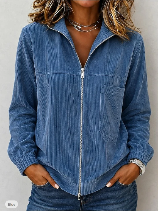 Damen Cordjacke mit Reißverschluss, Stehkragen und aufgesetzter Brusttasche Nord Taschen