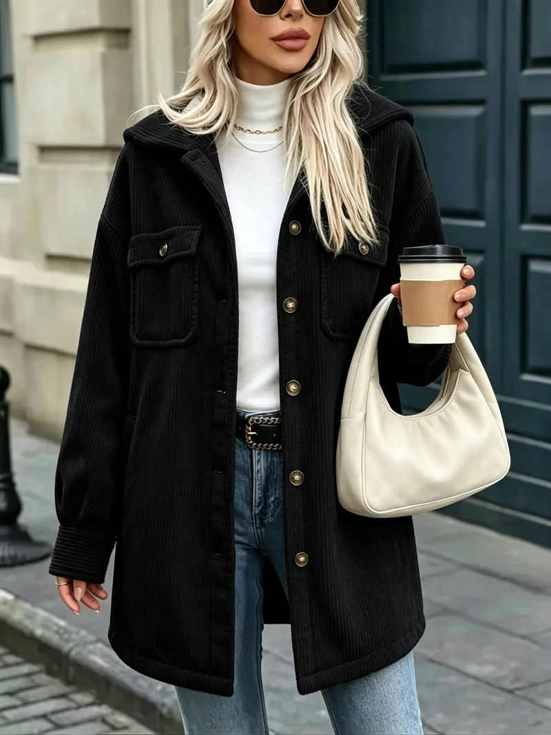 Damen Cordjacke mit Kapuze, oversized und aufgesetzten Taschen Nord Taschen