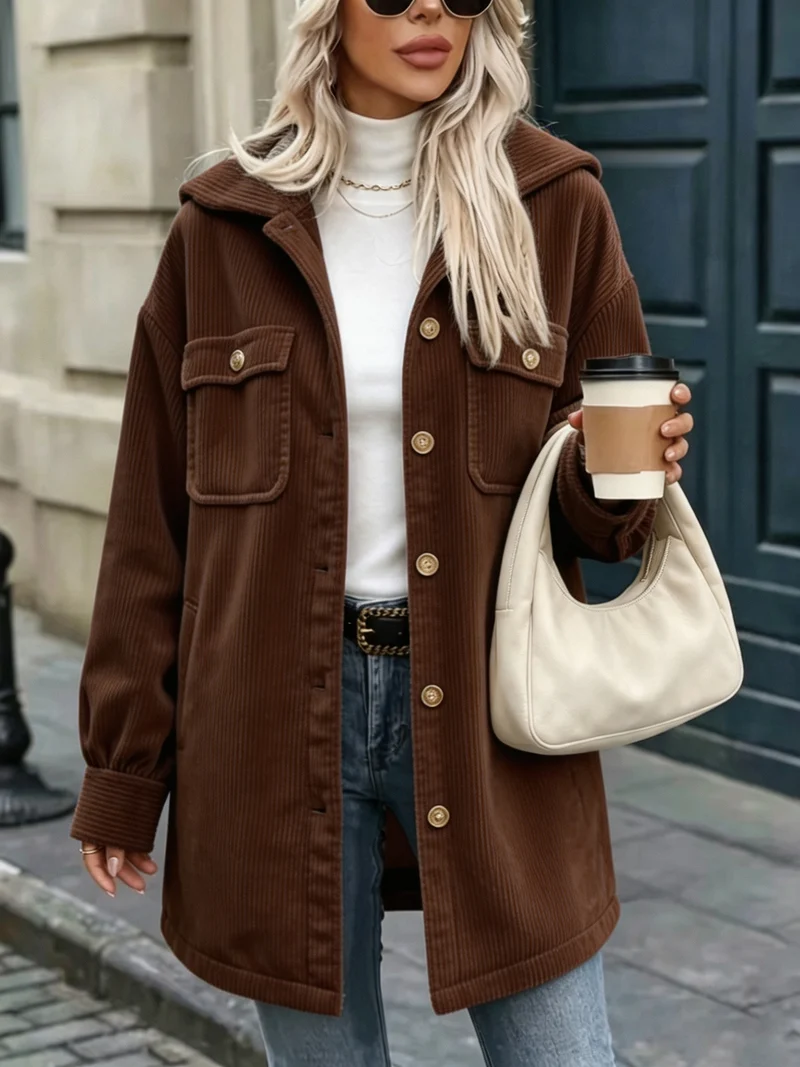Damen Cordjacke mit Kapuze, oversized und aufgesetzten Taschen Nord Taschen