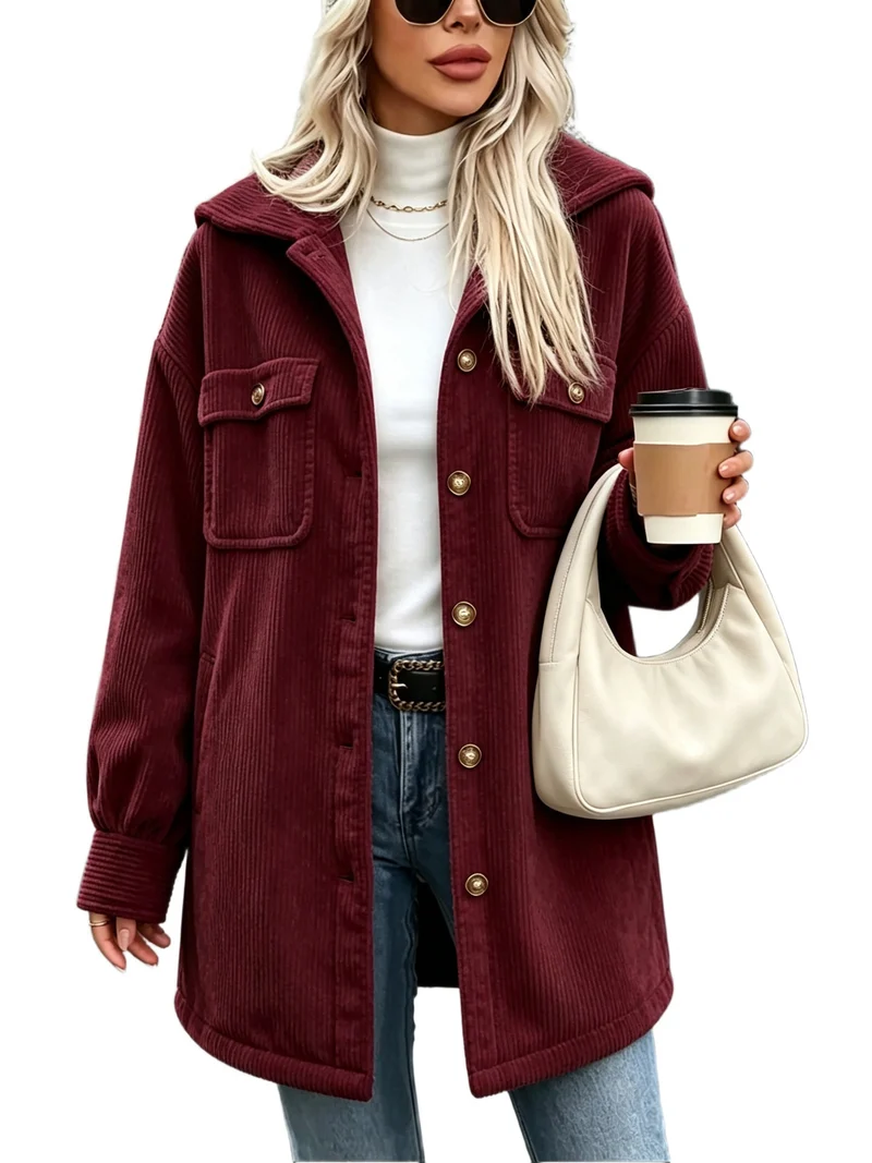 Damen Cordjacke mit Kapuze, oversized und aufgesetzten Taschen Nord Taschen
