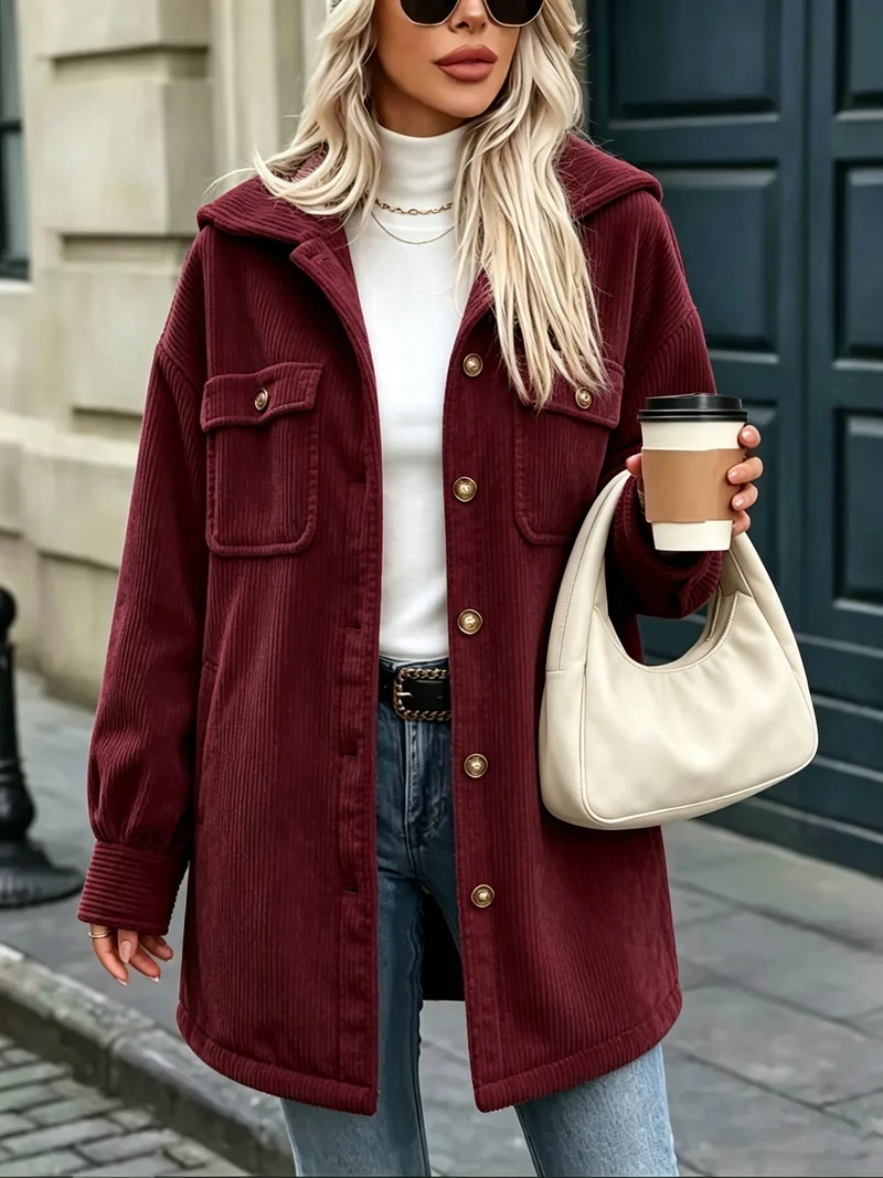 Damen Cordjacke mit Kapuze, oversized und aufgesetzten Taschen Nord Taschen