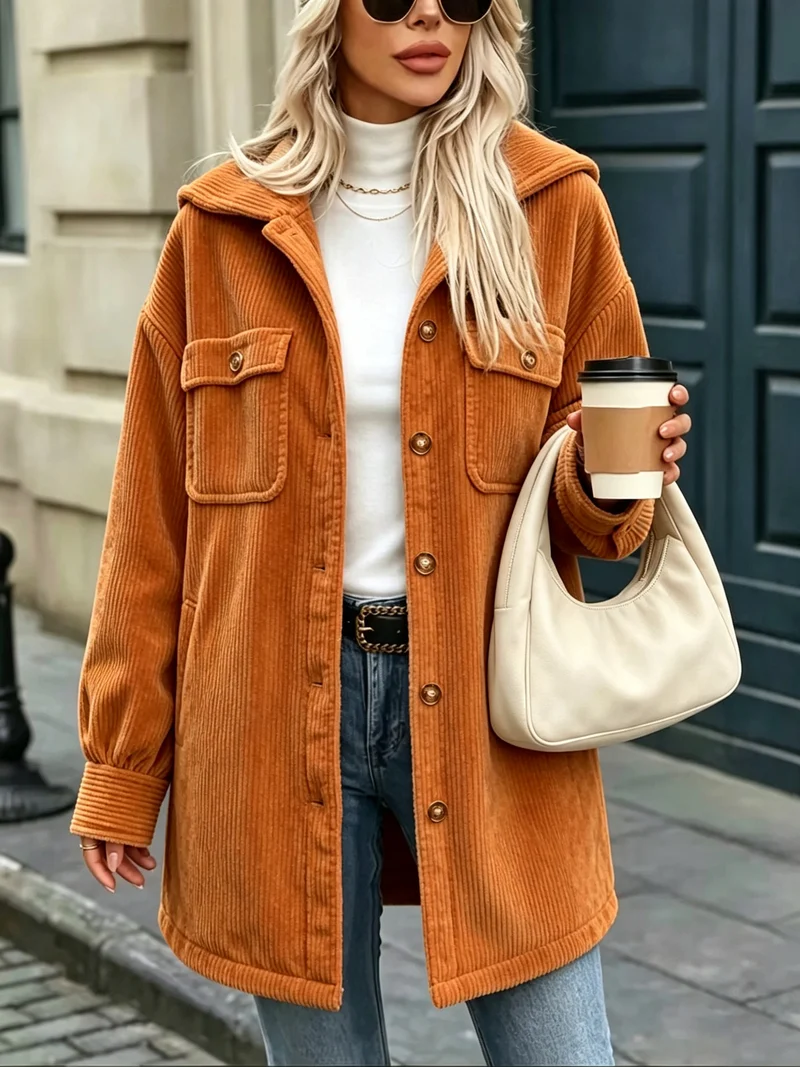 Damen Cordjacke mit Kapuze, oversized und aufgesetzten Taschen Nord Taschen