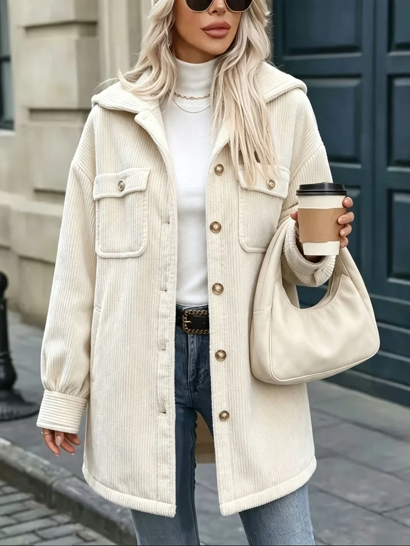 Damen Cordjacke mit Kapuze, oversized und aufgesetzten Taschen Nord Taschen